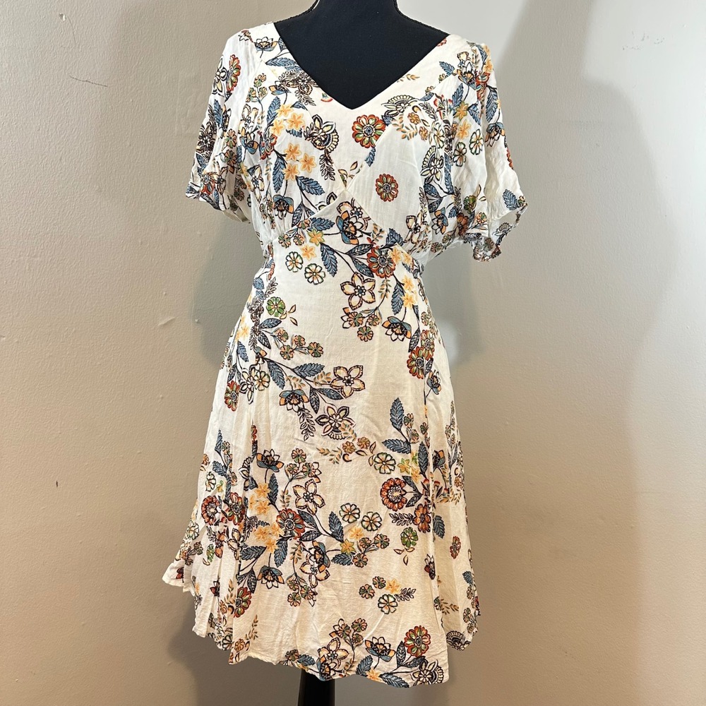 Boho Cottage Hummingbird Floral Print Mini Dress size L Tie Waist Summer White